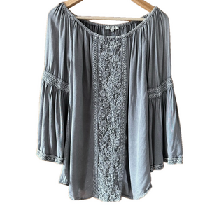 Solitaire Embroidered Grey Boho Tunic Long Flare Sleeve Blouse - Small